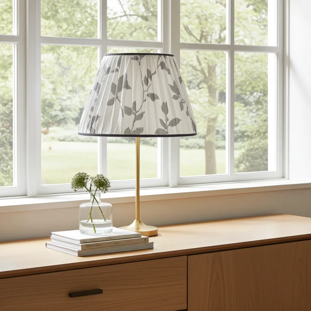 Lampada da tavolo con paralume floreale grigio su sfondo chiaro - Ambientazione