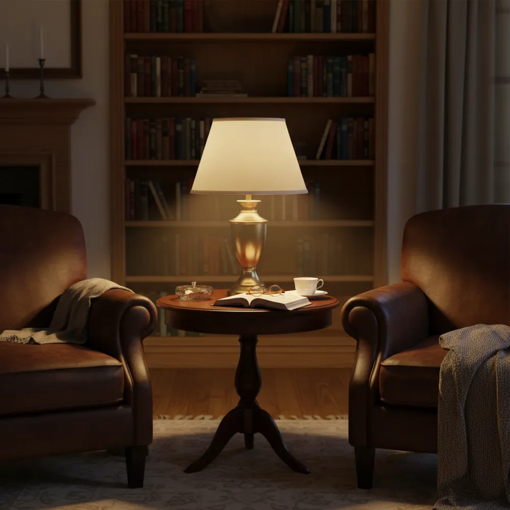 Lampada da tavolo con paralume a tronco di cono in cartapergamena in un salotto classico con poltrone in pelle e libreria.Esempio di ambientazione
