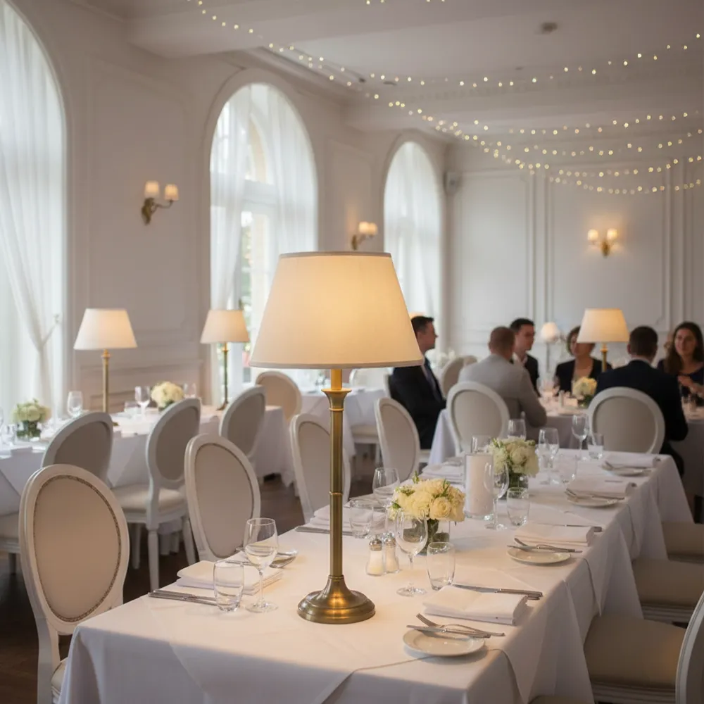 Allestimento per evento di gala con paralumi a tronco di cono in cartapergamena su alti steli dorati come centrotavola luminosi. Esempio di ambientazione