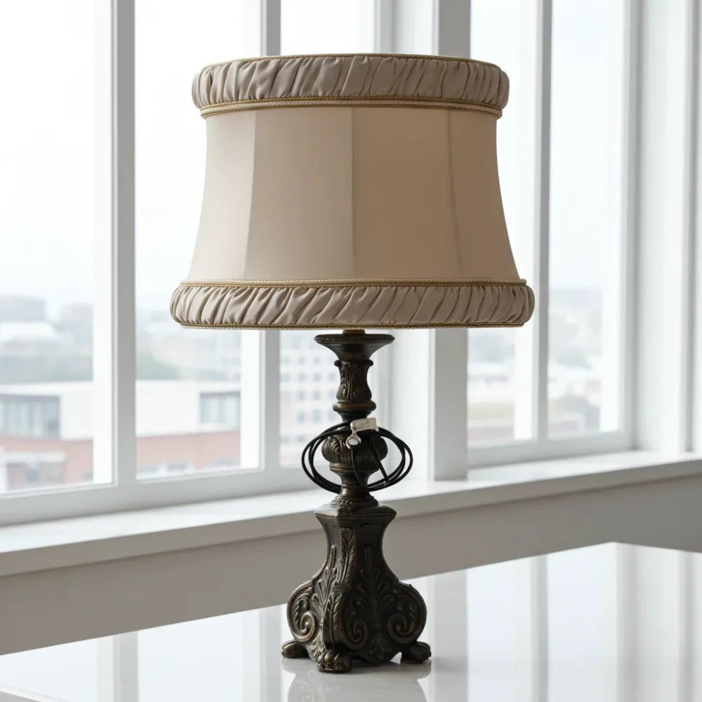 Paralume svasato con arricciatura e bordo a cordone Paralume in stoffa svasato color beige o champagne con arricciatura e bordo a cordone su base lampada in bronzo/metallo scuro.