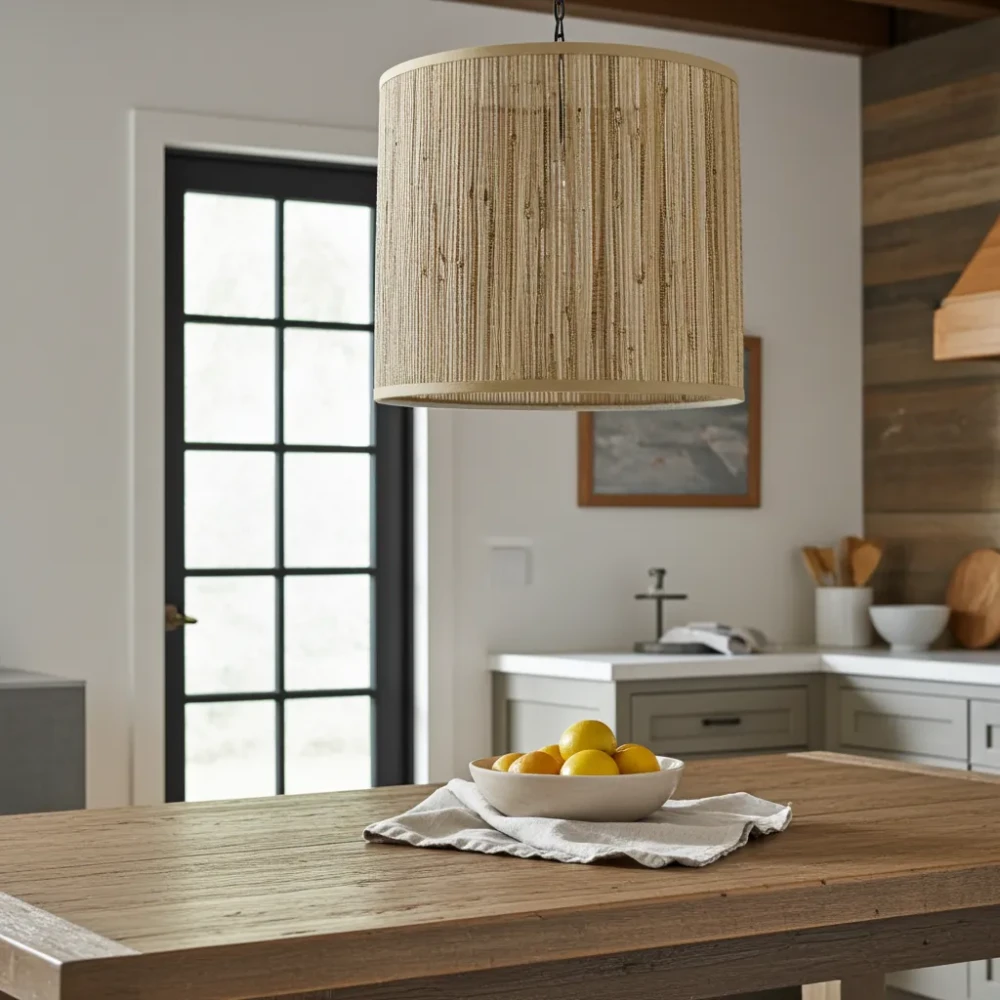 Paralume Cilindrico Sospensione Fibra Naturale Paralume da soffitto cilindrico in fibra naturale intrecciata, sospeso sopra un tavolo da pranzo in legno in un ambiente cucina rustico-moderno.