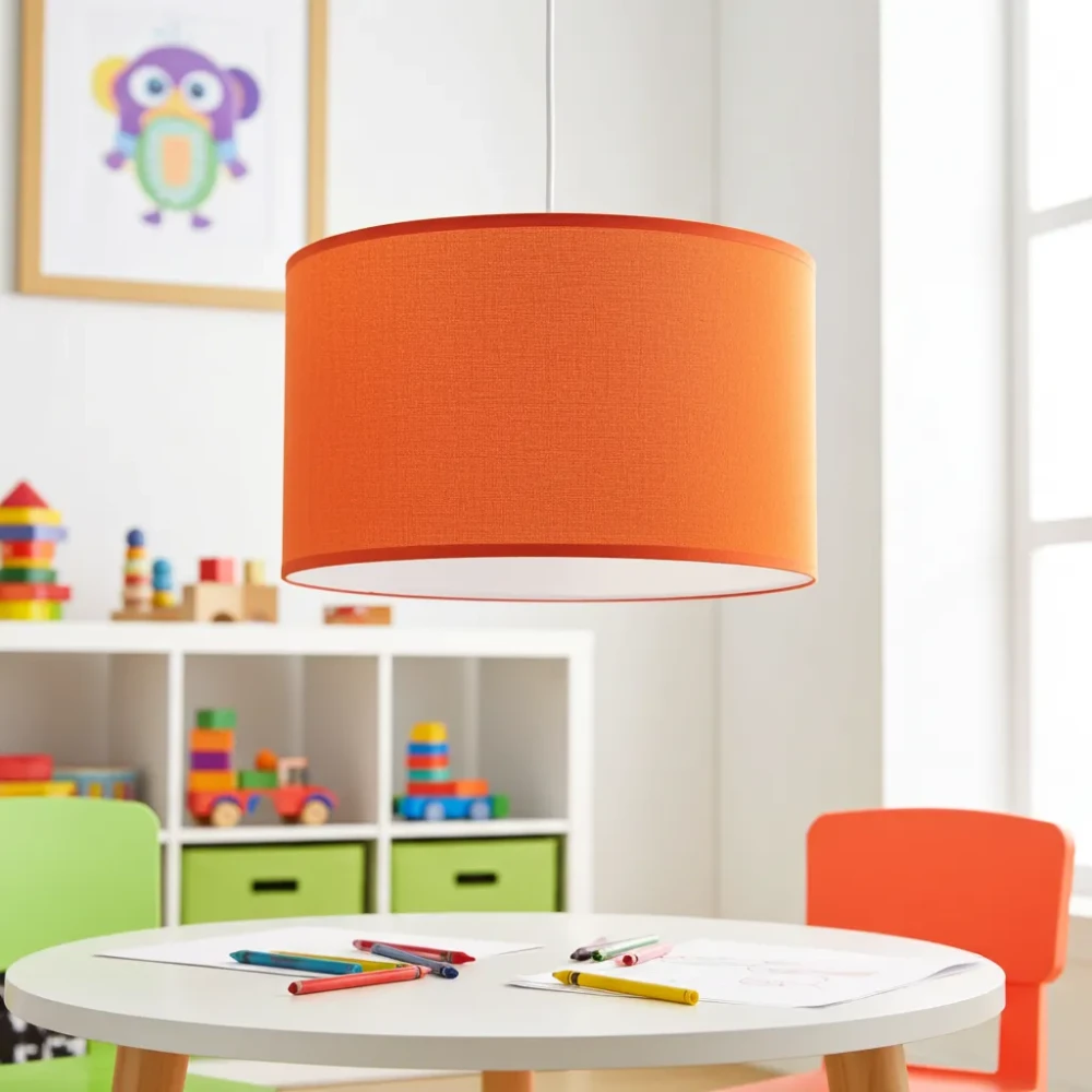 Paralume Cilindrico a Sospensione Colore Arancione Paralume da soffitto di forma cilindrica, di colore arancione acceso, sospeso sopra un tavolo da disegno in una stanza giochi per bambini.