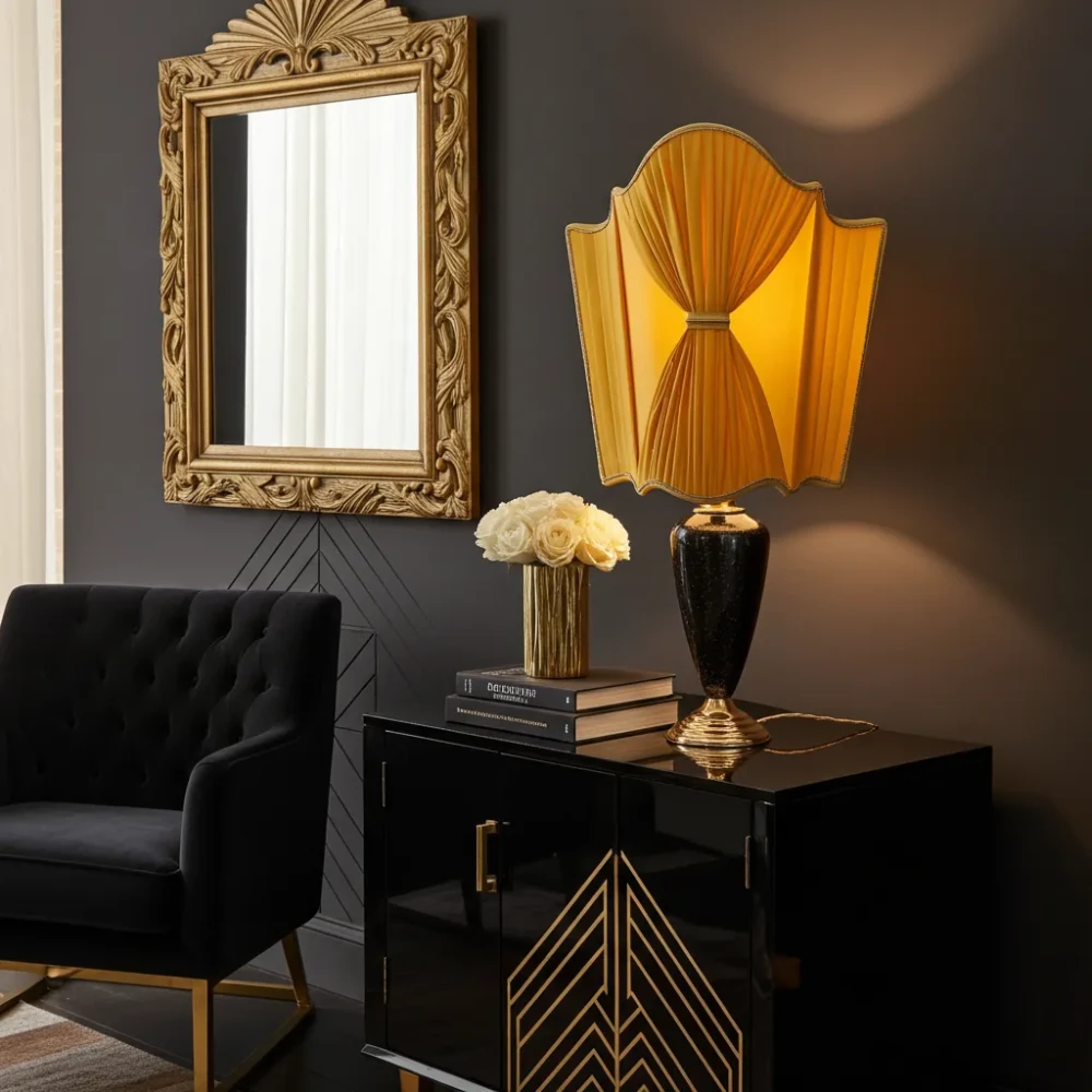 Paralume a Ventola Giallo/Oro per Lampada da Tavolo - Stile Art Déco Elegante paralume a ventola in tessuto color oro/giallo plissettato, illuminato, su una lampada da tavolo in stile Art Déco