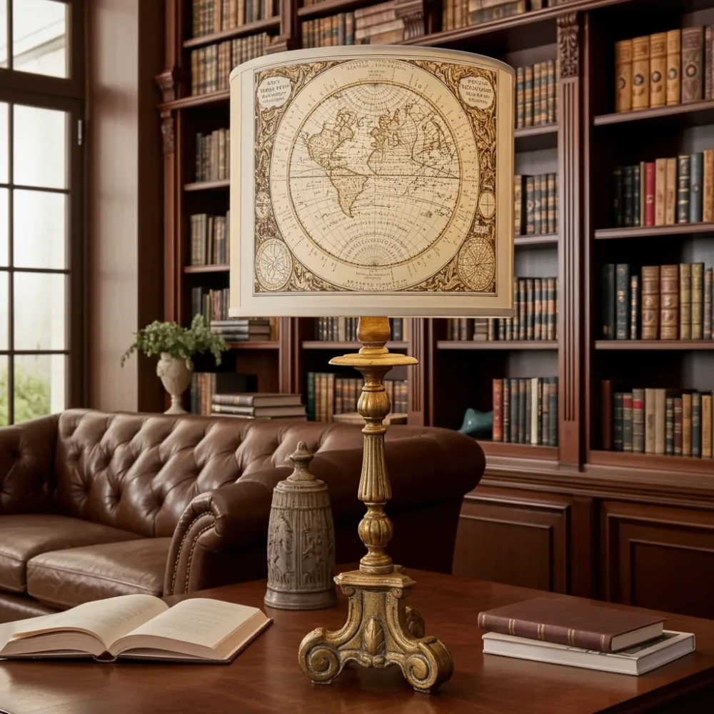 Paralume a Ventola Stampa Mappa Geografica per Piantana (o Lampada da Tavolo) Elegante paralume a ventola (mezzo cilindro) con stampa di una mappa geografica antica, montato su una lampada da tavolo con base in ceramica
