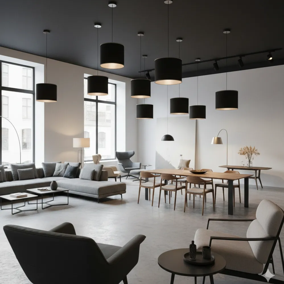 Allestimento di grandi paralumi cilindrici neri a sospensione in un open space moderno - Paralumi e Lumi