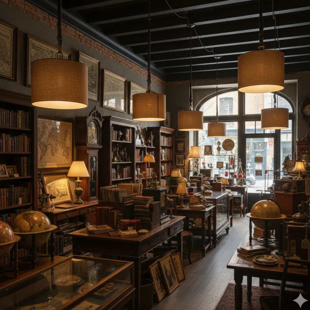 Allestimento con paralumi artigianali in iuta a sospensione in un negozio di antiquariato - Paralumi e Lumi - esempio di ambientazione