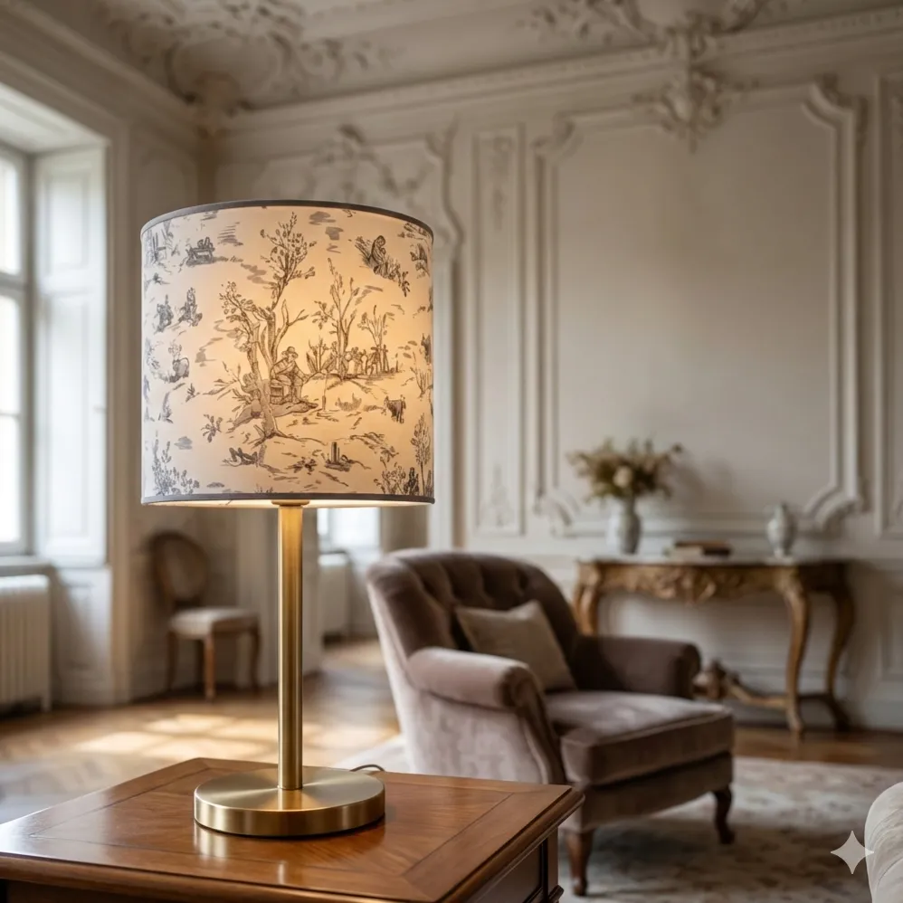 Paralume artigianale Toile de Jouy grigio su lampada da tavolo in ottone in un salone d'epoca