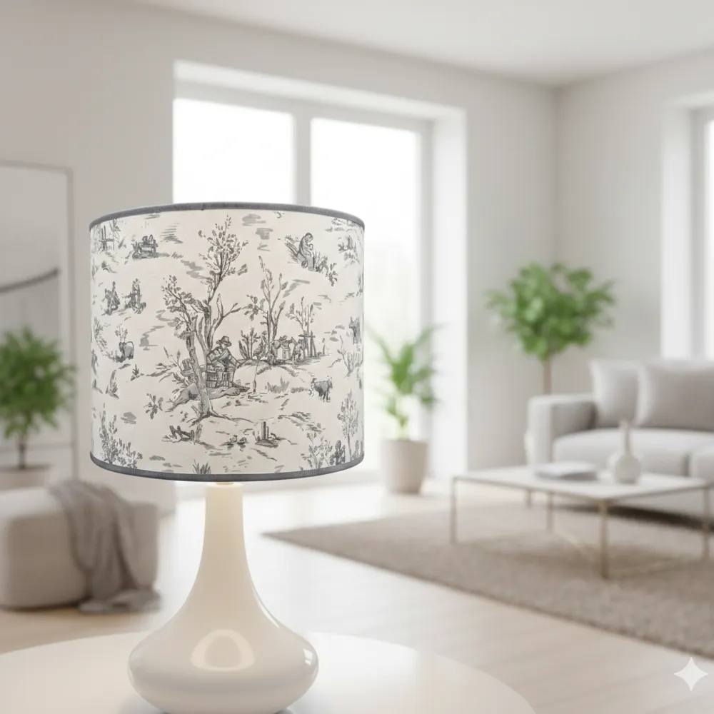 Paralume artigianale Toile de Jouy grigio su lampada in ceramica bianca in un soggiorno moderno e luminoso.