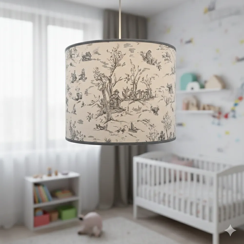 Paralume artigianale cilindrico Toile de Jouy grigio a sospensione in una cameretta moderna e luminosa.