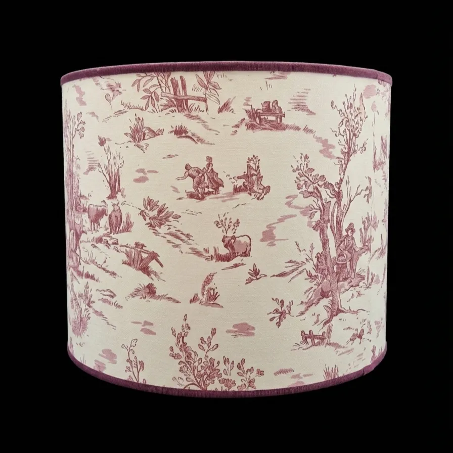 Paralume artigianale cilindrico in Toile de Jouy rosa fatto a mano a Prato