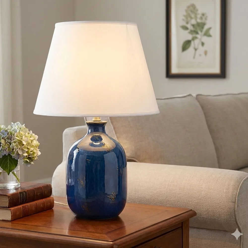 Paralume tronco conico bianco montato su un'elegante base lampada in ceramica blu decorata in un salotto classico.Ambientazione