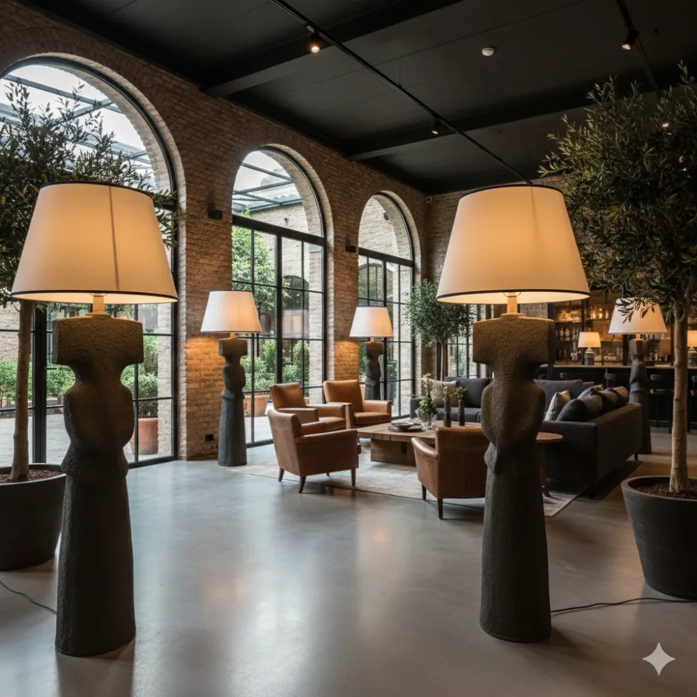 Allestimento contract con grandi paralumi a tronco di cono avorio su basi lampada scultoree in un giardino d'inverno - Paralumi e Lumi - Esempio di ambientazione