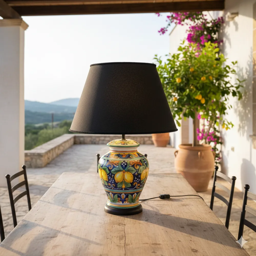 Paralume artigianale a tronco di cono nero su base lampada in ceramica decorata in una terrazza panoramica - Paralumi e Lumi