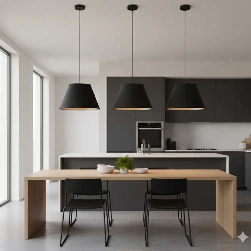 Tre paralumi artigianali a tronco di cono neri a sospensione su isola cucina moderna - Paralumi e Lumi Esempio di ambientazione
