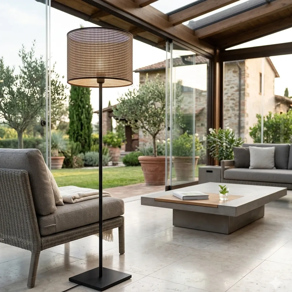 Piantana con paralume cilindrico in rete marrone e grosgrain in una zona lounge moderna con vista giardino - Paralumi e Lumi Prato