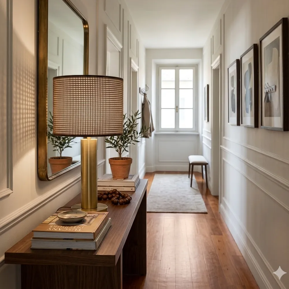 Lampada da tavolo con paralume cilindrico in rete marrone e grosgrain in un corridoio moderno con boiserie - Paralumi e Lumi Prato