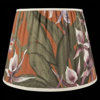 Paralume artigianale tronco di cono in tessuto botanico a fiori con orchidee su sfondo arancio e passamaneria gros grain - Paralumi e Lumi Prato