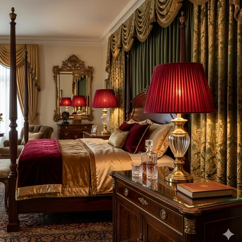 Coppia di paralumi a tronco di cono in organza bordeaux su lampade da comodino in una camera da letto classica di lusso - Paralumi e Lumi Prato