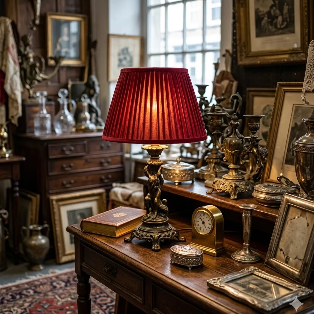 esempio di ambientazione-Paralume a tronco di cono in organza bordeaux su lampada d'epoca esposta in un negozio di antiquariato - Paralumi e Lumi Prato
