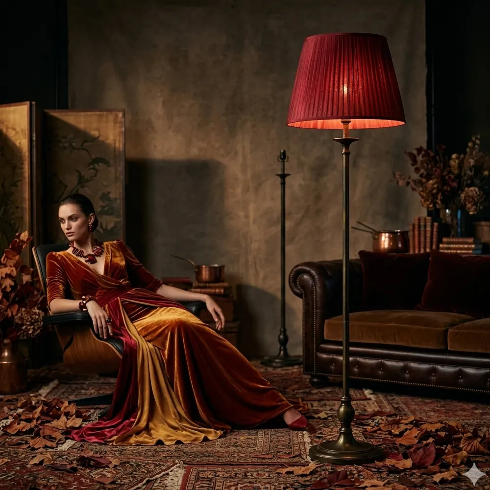 Paralume a tronco di cono in organza bordeaux su lampada da terra piantana allestito in un set fotografico professionale - Paralumi e Lumi Prato
