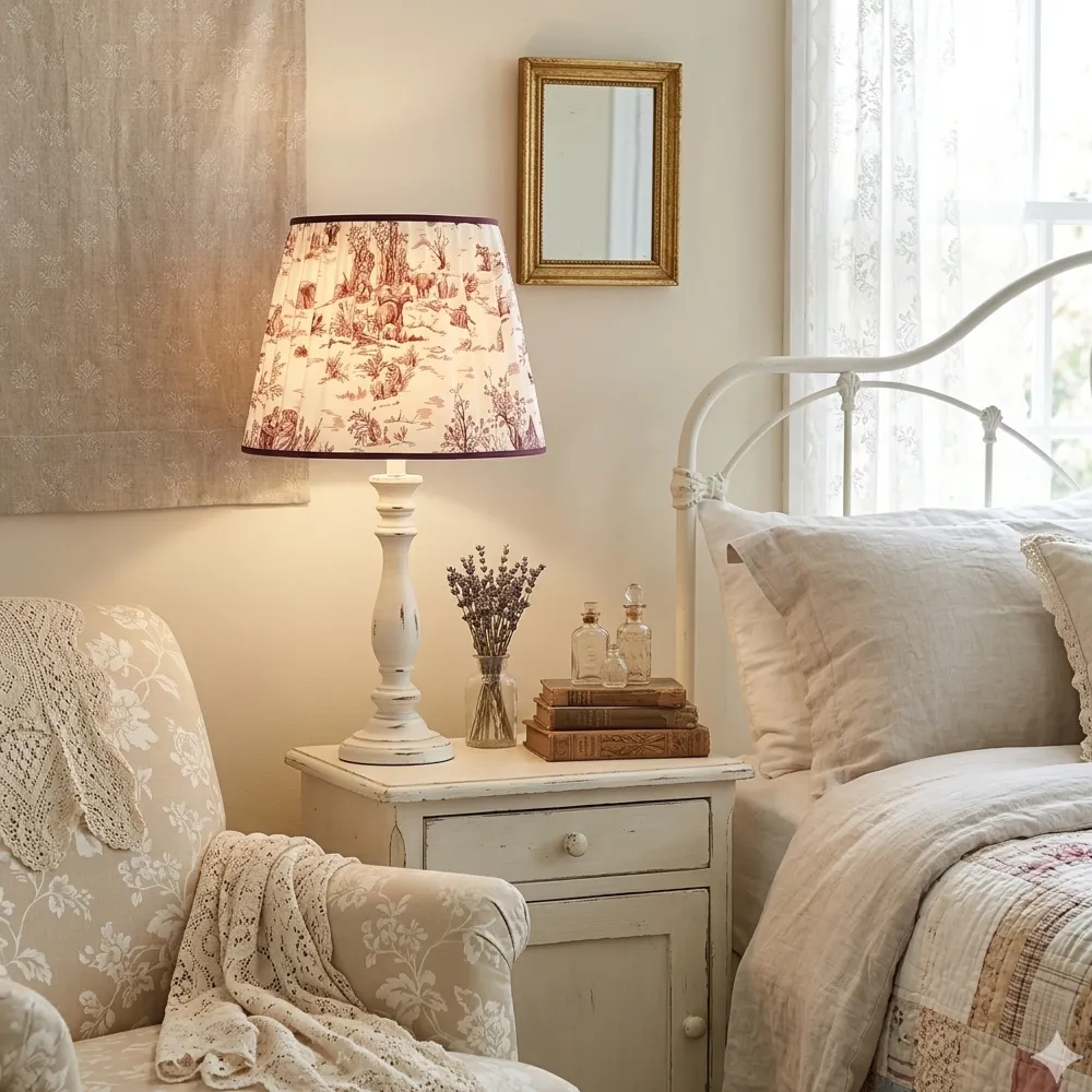 Lampada da comodino shabby chic con paralume a tronco di cono in Toile de Jouy arricciata e passamaneria bordeaux - Paralumi e Lumi Prato