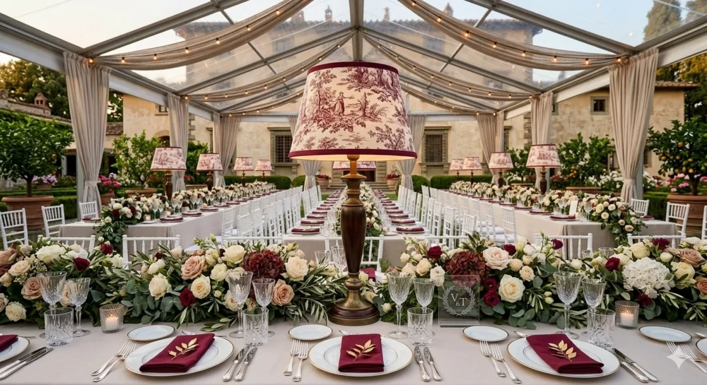 ambientazione-eventi-lusso-paralumi-toile-de-jouy-arricciata Allestimento tavoli imperiali per eventi con paralumi a tronco di cono in Toile de Jouy bordeaux arricciata - Paralumi e Lumi Prato