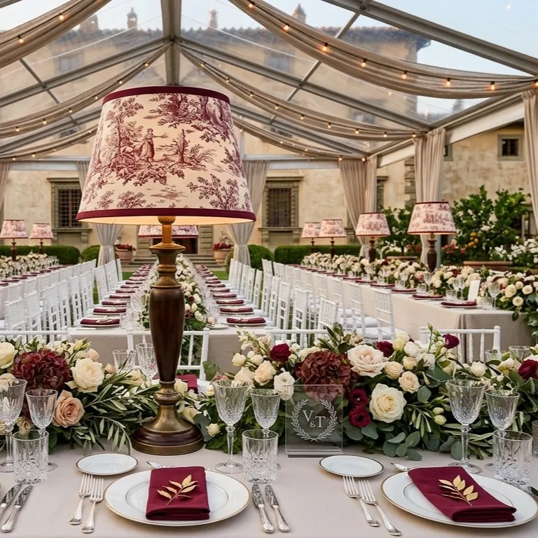 Allestimento tavoli imperiali per eventi con paralumi a tronco di cono in Toile de Jouy bordeaux arricciata - Paralumi e Lumi Prato
