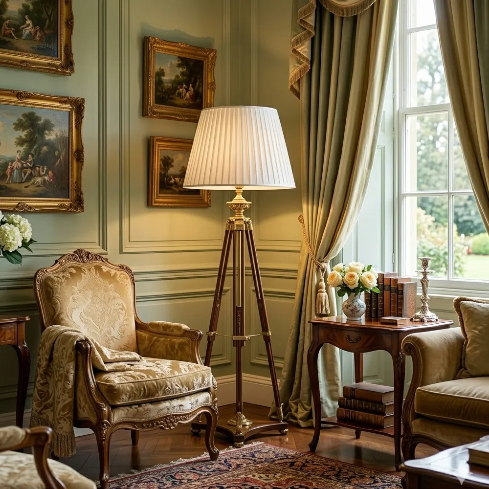 Lampada da terra classica con paralume artigianale a tronco di cono in organza bianca a pieghe e bordo in grosgrain - Paralumi e Lumi Prato