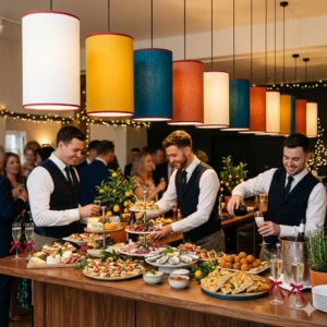 Rendering d'ambientazione per eventi con una fila di grandi paralumi cilindrici a sospensione in vari colori sopra un buffet di catering - Paralumi e Lumi