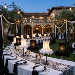Allestimento tavoli matrimonio di lusso all'aperto in stile bianco e nero con lampade da tavolo e paralumi con piume di struzzo - Paralumi e Lumi Prato - Esempio di ambientazione